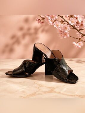 kate spade Black Patent Crisscross Block Heel Mules